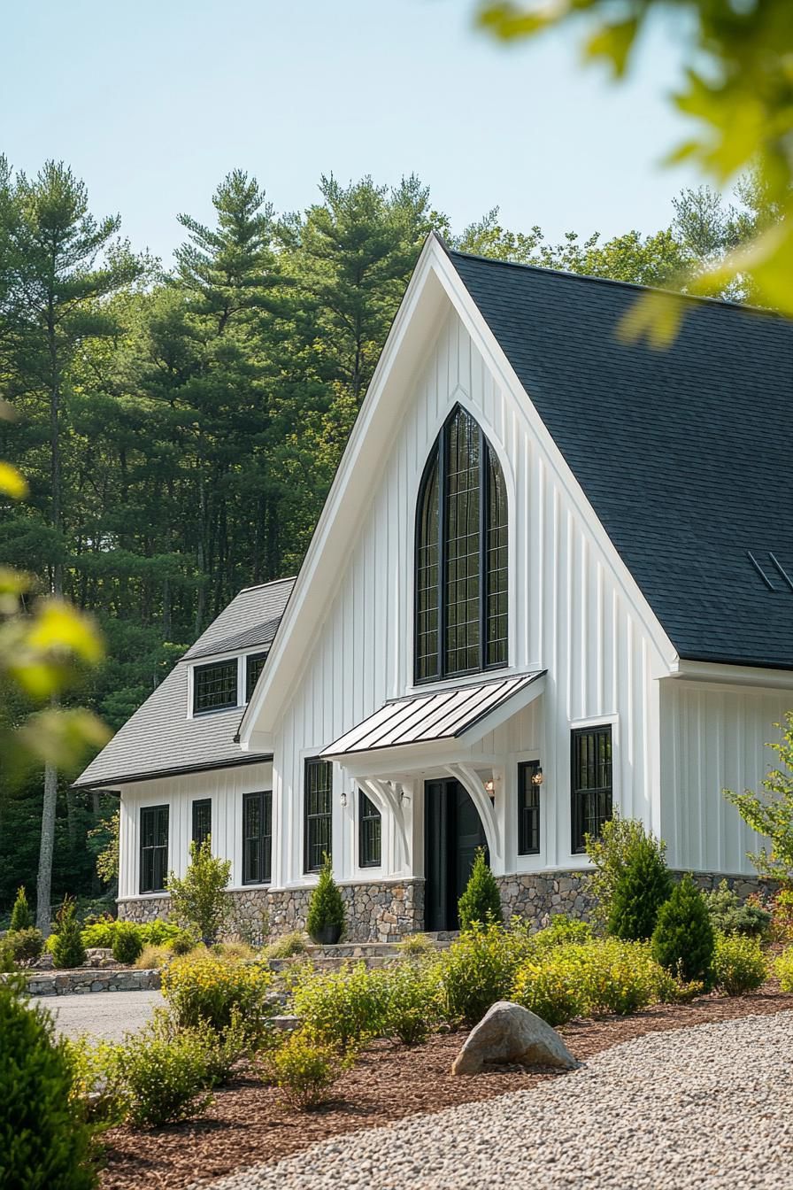 Charming white house with gothic features and a large arched window