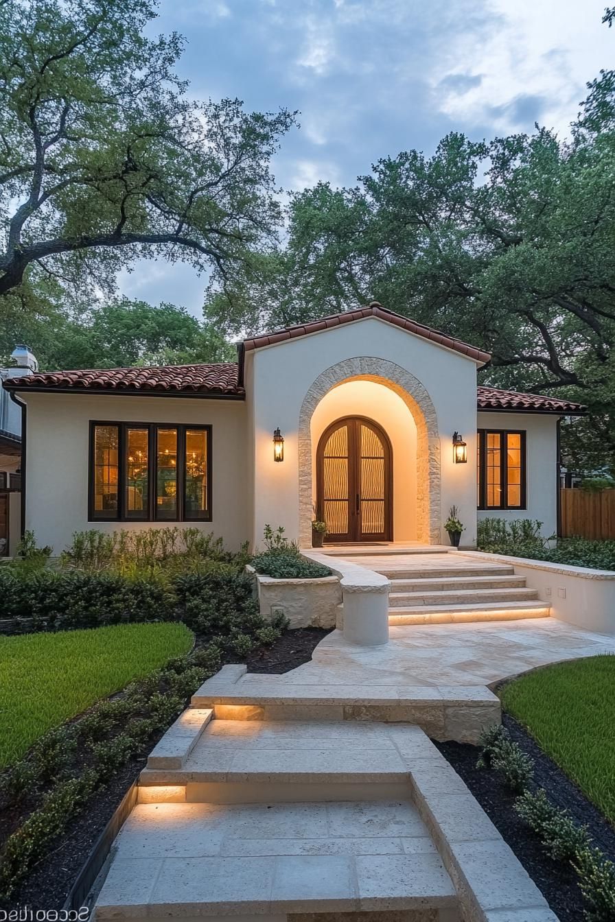 Brightly lit Spanish style bungalow with arched entrance