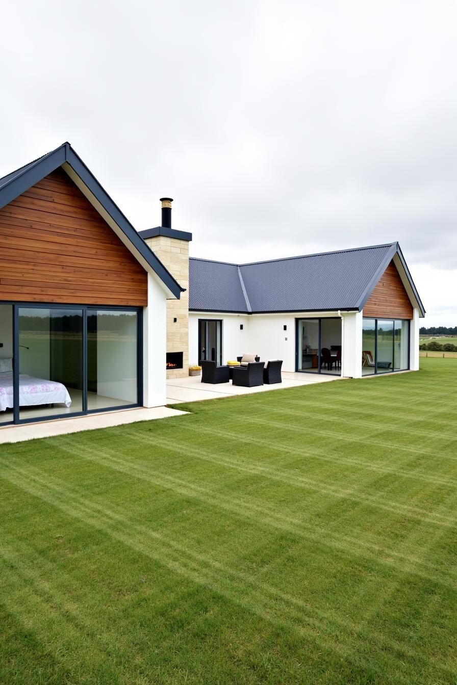 Modern ranch house with large windows and pristine lawn