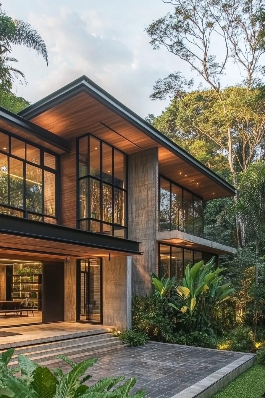 Contemporary Thai house with large glass windows and lush greenery