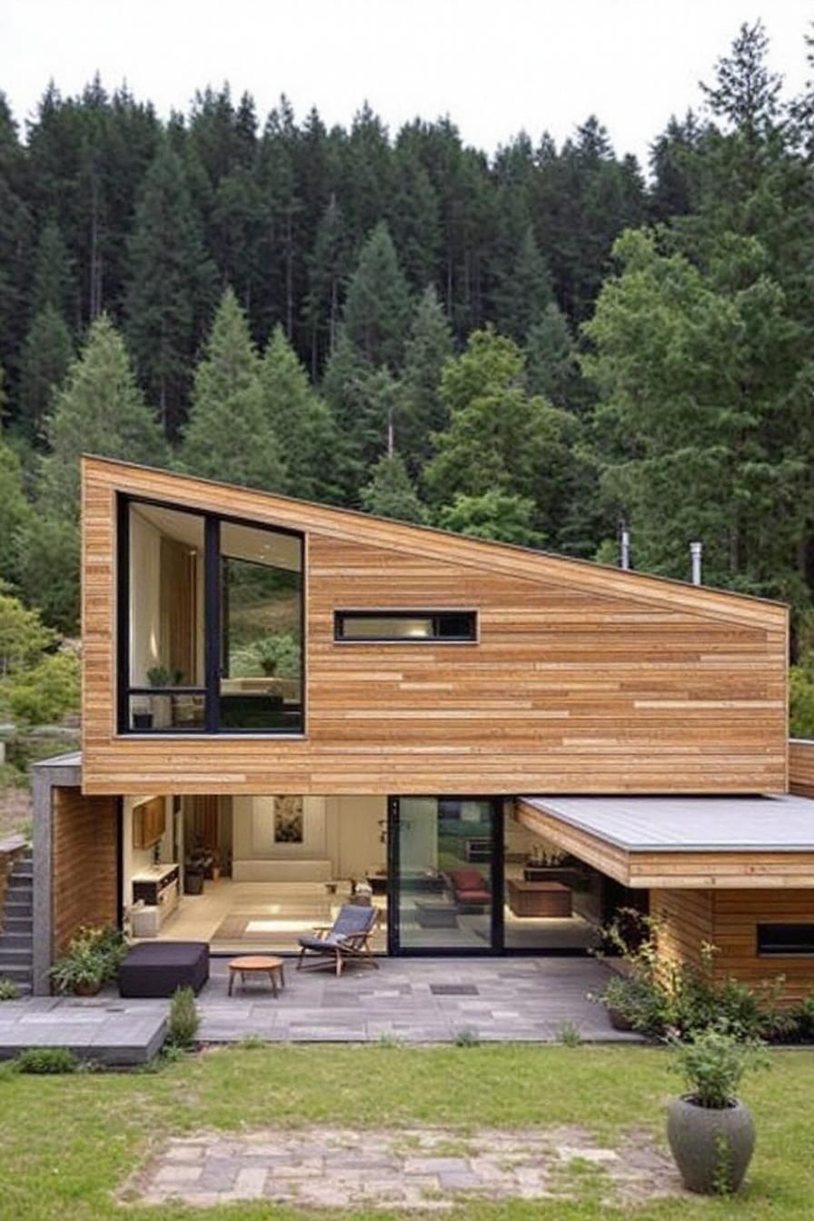 Wooden, slanted-roof house amid forest backdrop