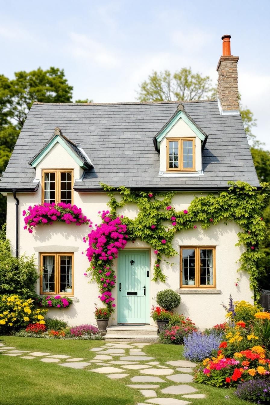 Charming white cottage with flowers and a vibrant door