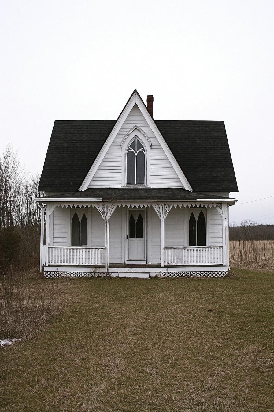 White Gothic-style house with steep roof and pointed windows