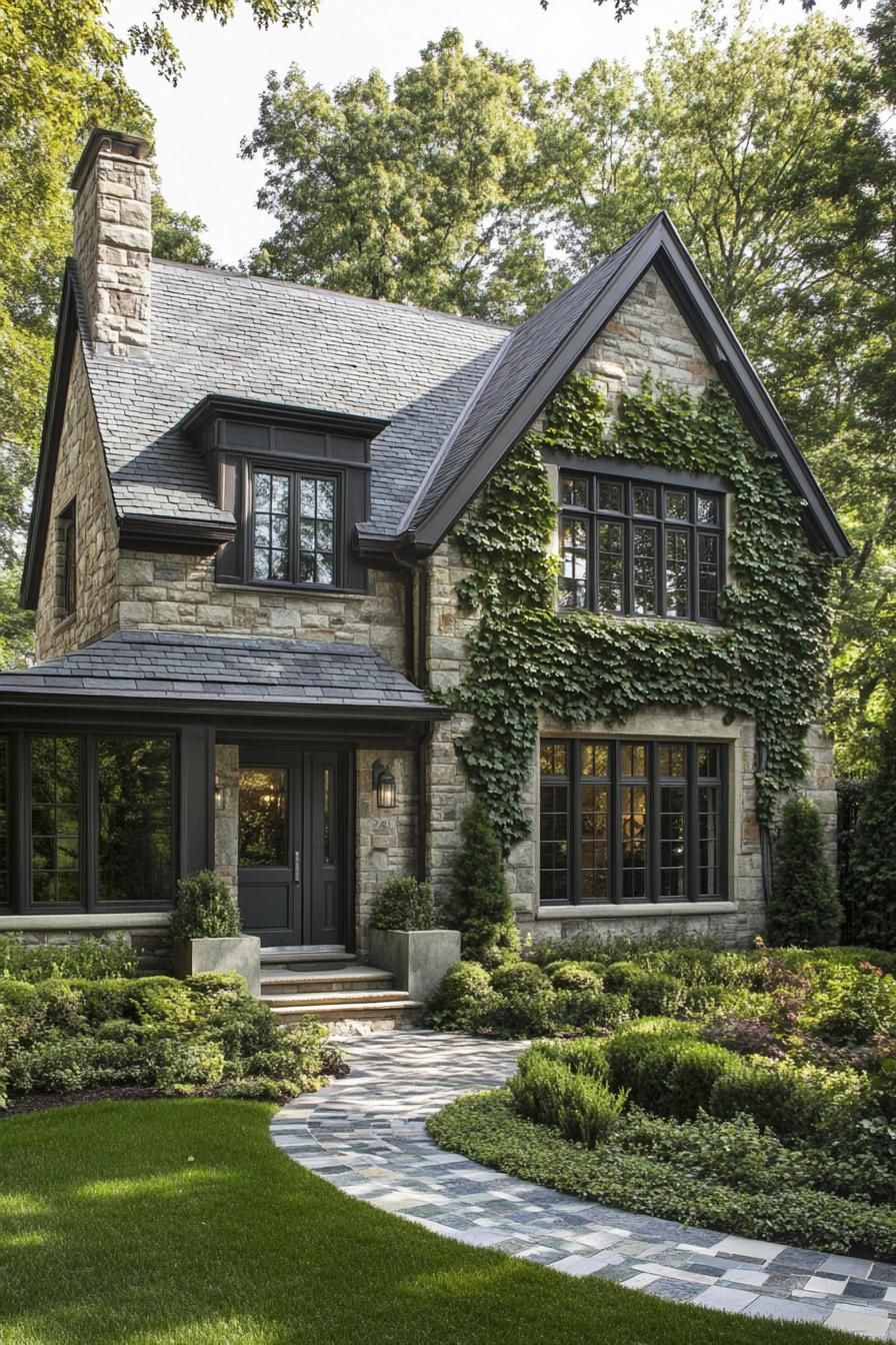 Leafy stone house with gabled roof and green garden