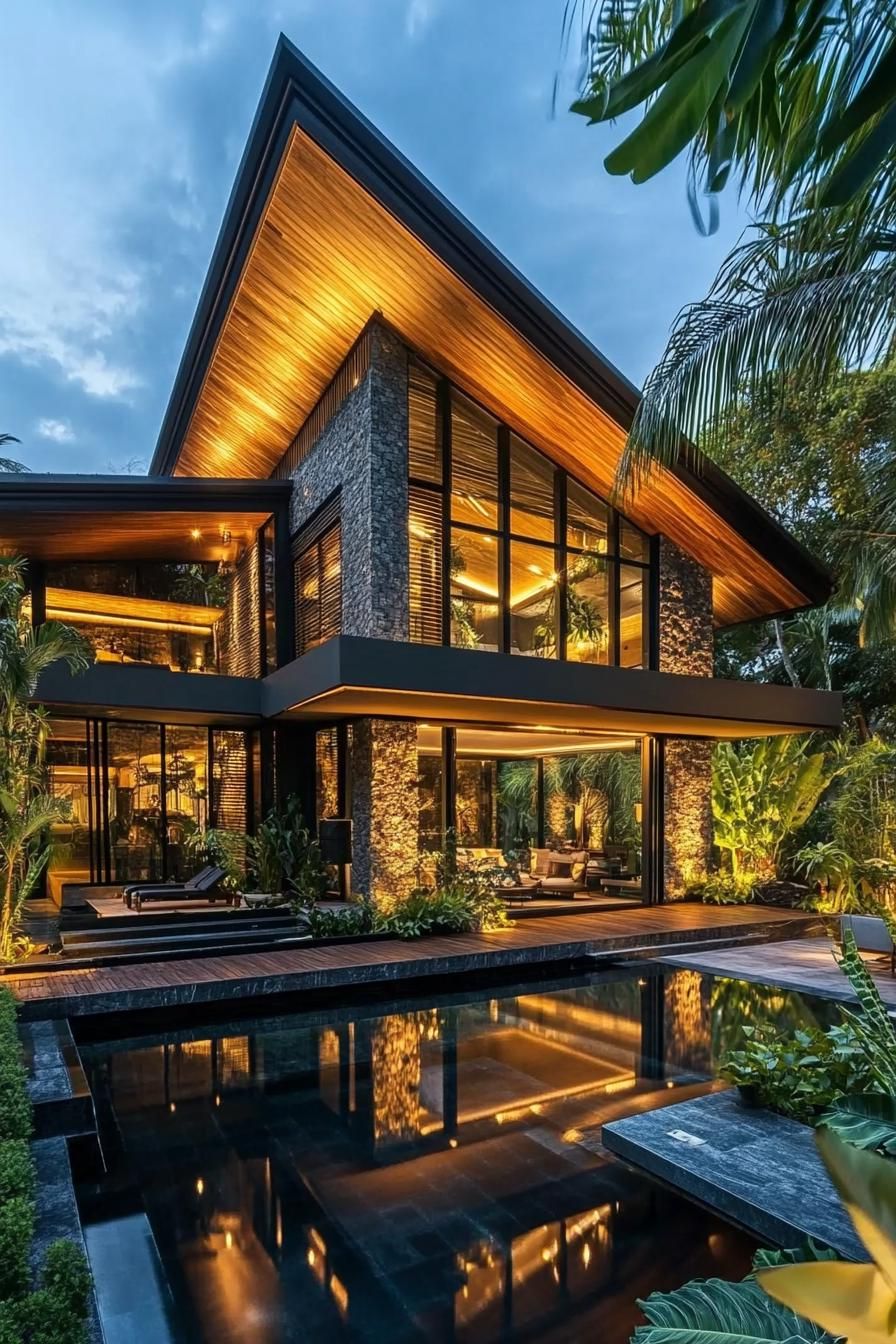 Modern Thai house with glass walls, wooden ceiling, and pool