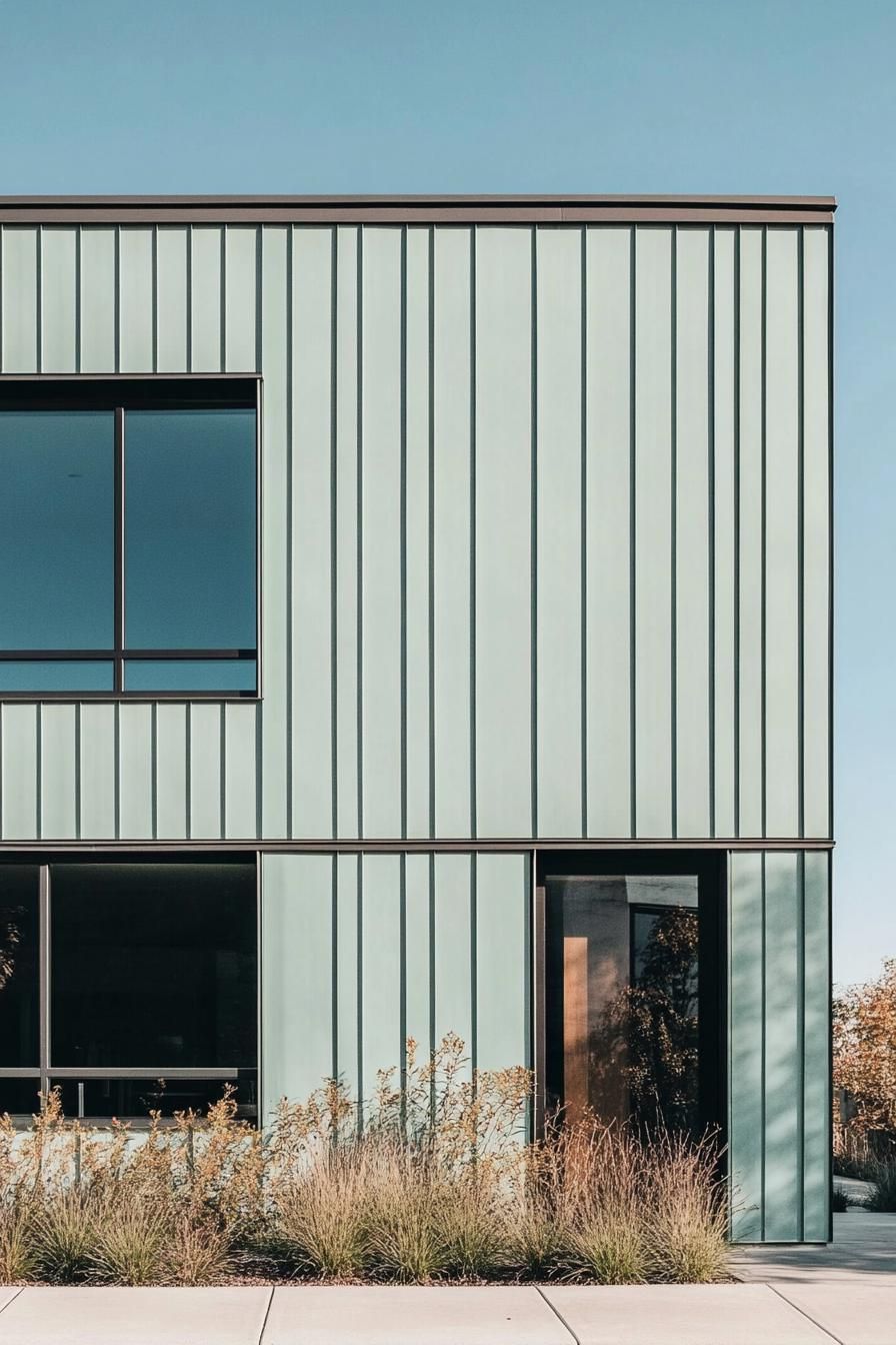 Close-up view of a modern building with vertical mint panels and large windows