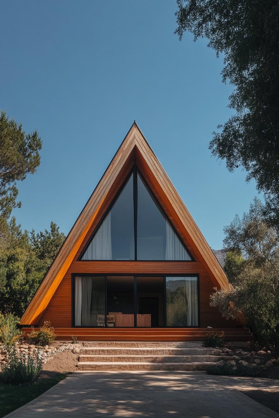 A triangular wooden house with large glass windows