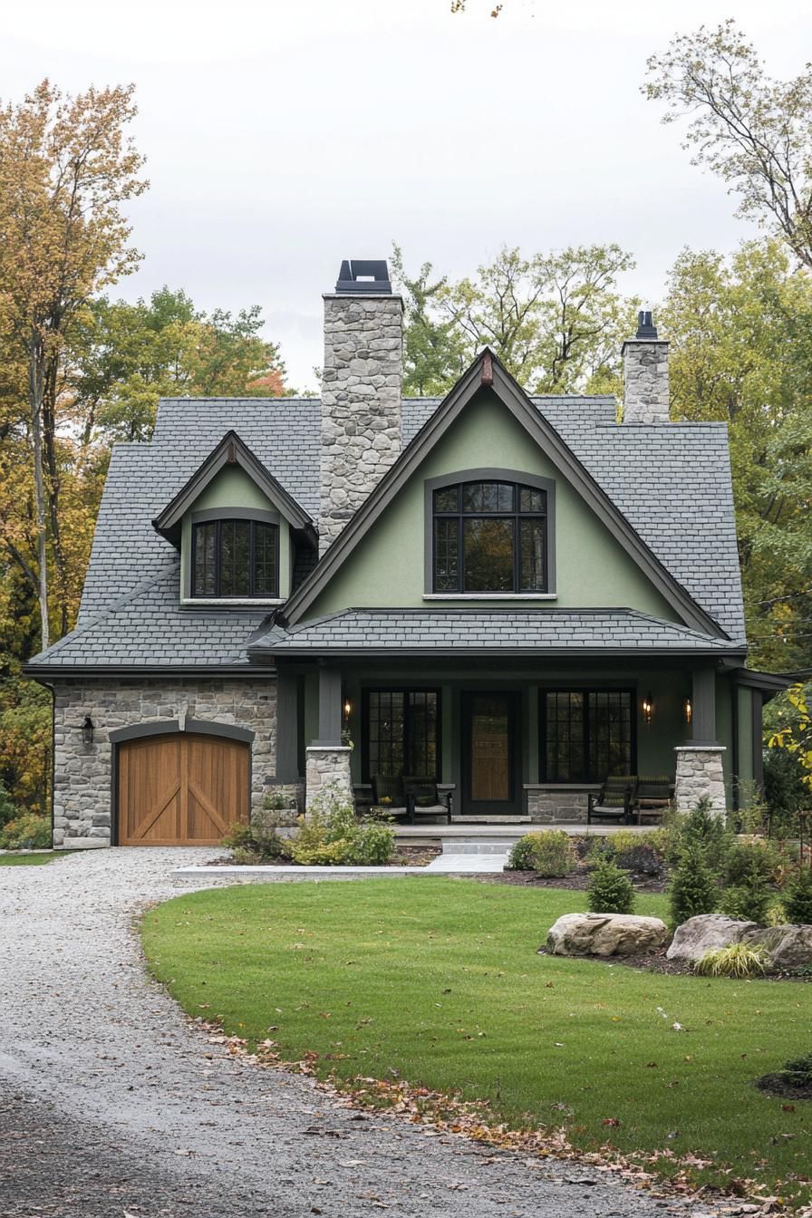 modern european style cottage in pale green stucco facade large front chimney gabled multi pitched roof in stone grey tile modern windows front