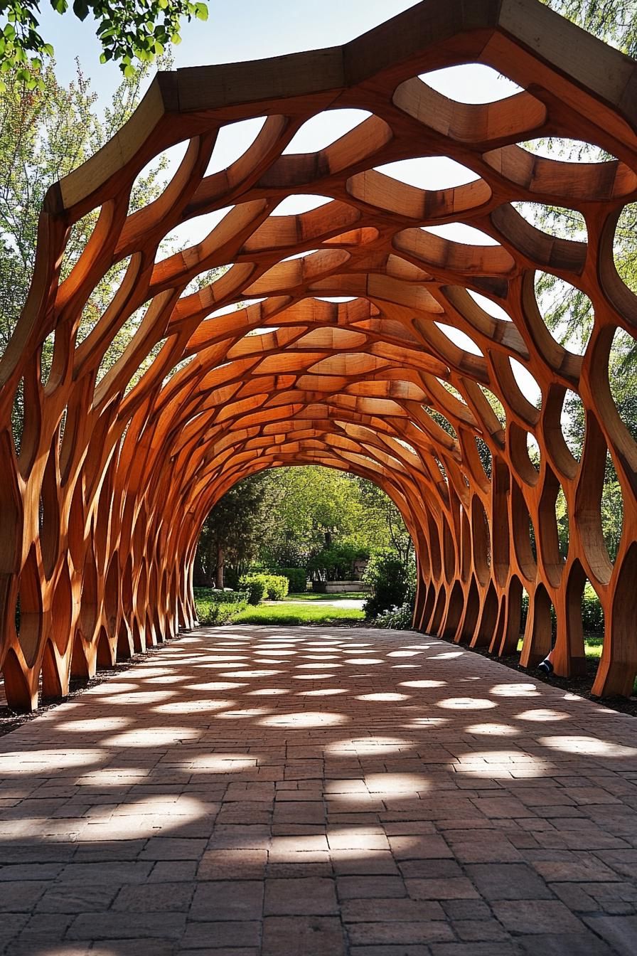 Wooden pavilion with honeycomb design casting shadows