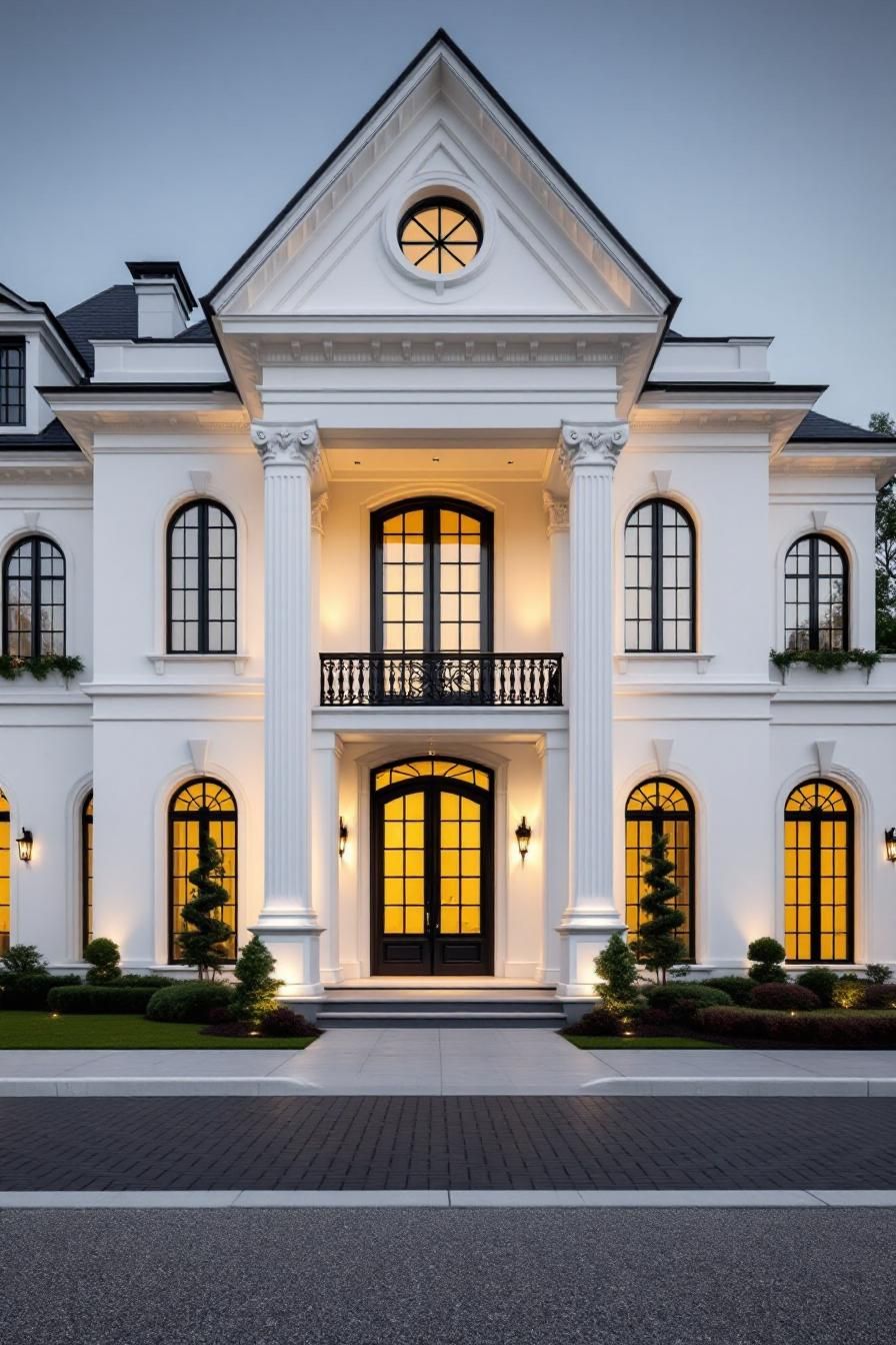 Grand white mansion with columns and arched windows