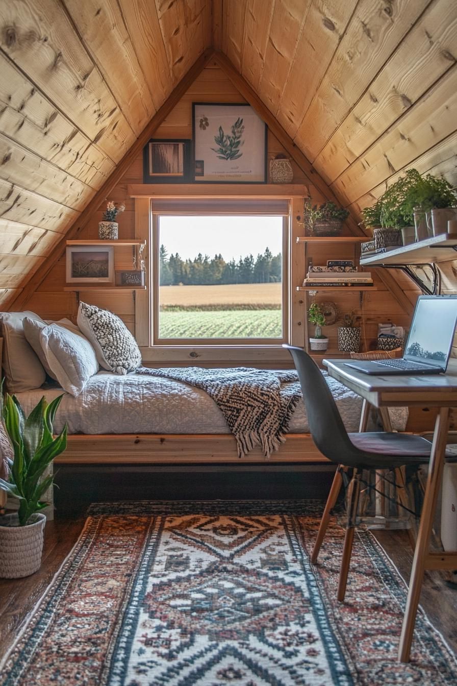 interior of a small wooden cabin a frame ceiling a bed with shelves above a desk with a laptop shelves above desk office chair with throw blanket