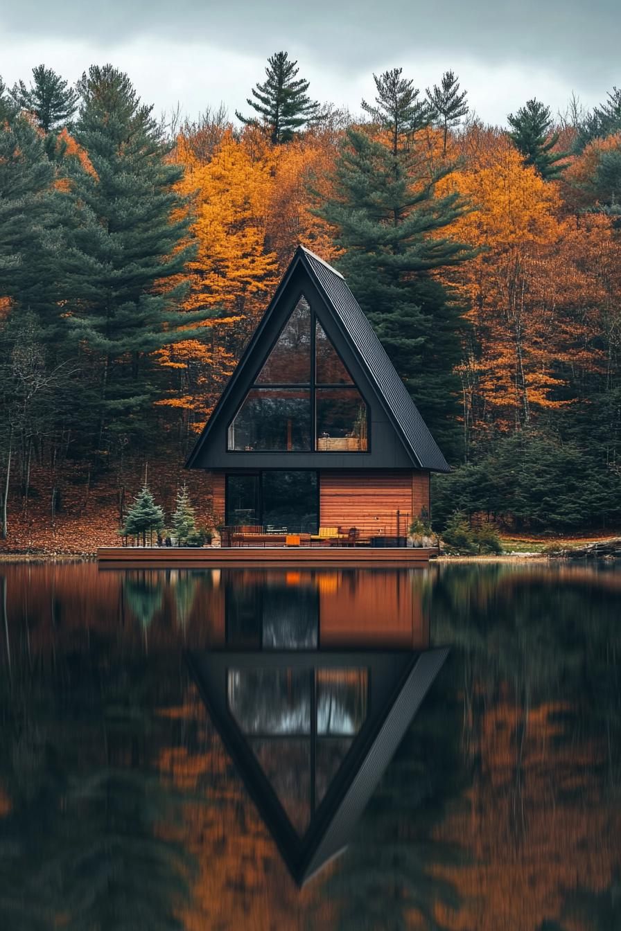 modern tiny a frame cabin with wood siding full front wall window multi pitched metal roof lake in front with a reflection of the cabin forest in