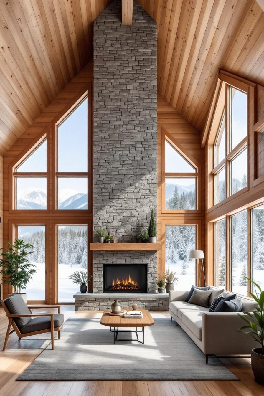 Modern cabin interior with large windows and a stone fireplace