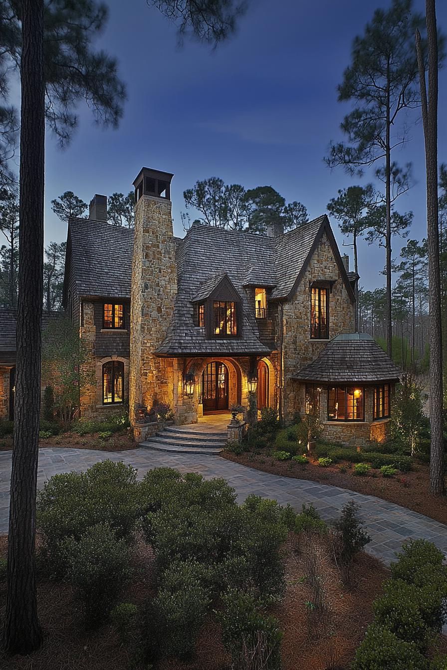 Rustic Gothic house with warm lighting and towering pines