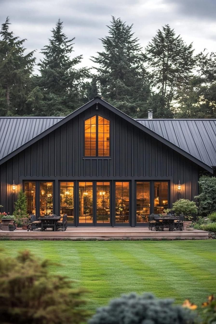 A sleek, dark-colored barndominium with large windows, surrounded by trees and a manicured lawn