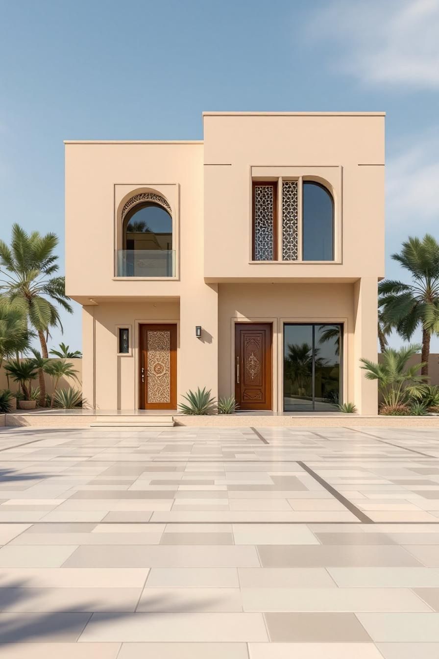 Beige house with arched windows and palm trees