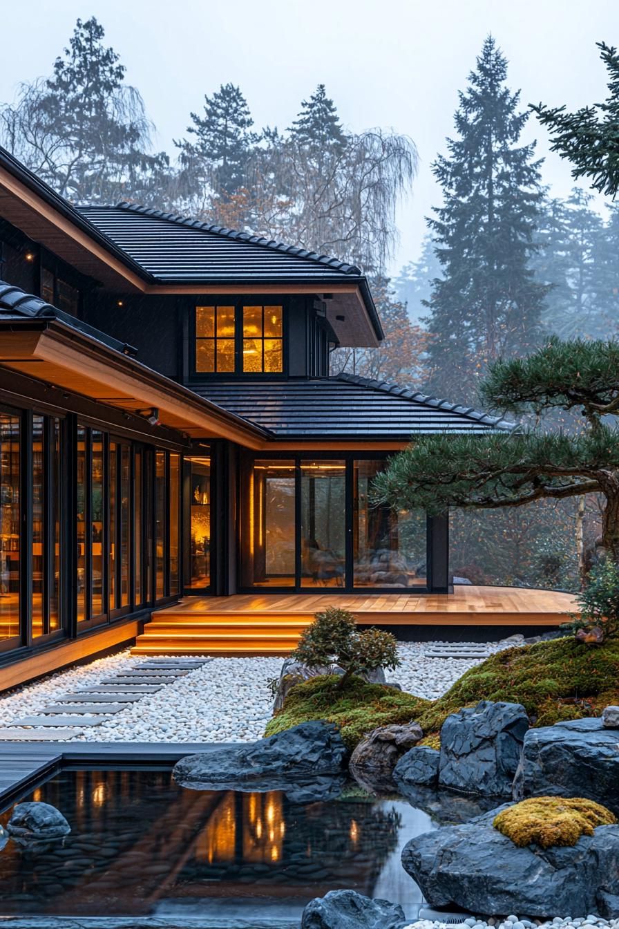 Japanese courtyard house with glowing windows, koi pond, and garden