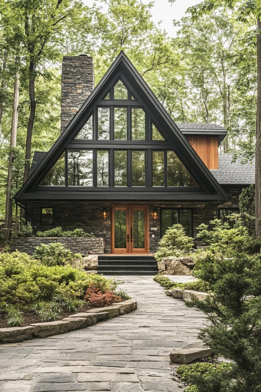 A-frame stone house with glass windows