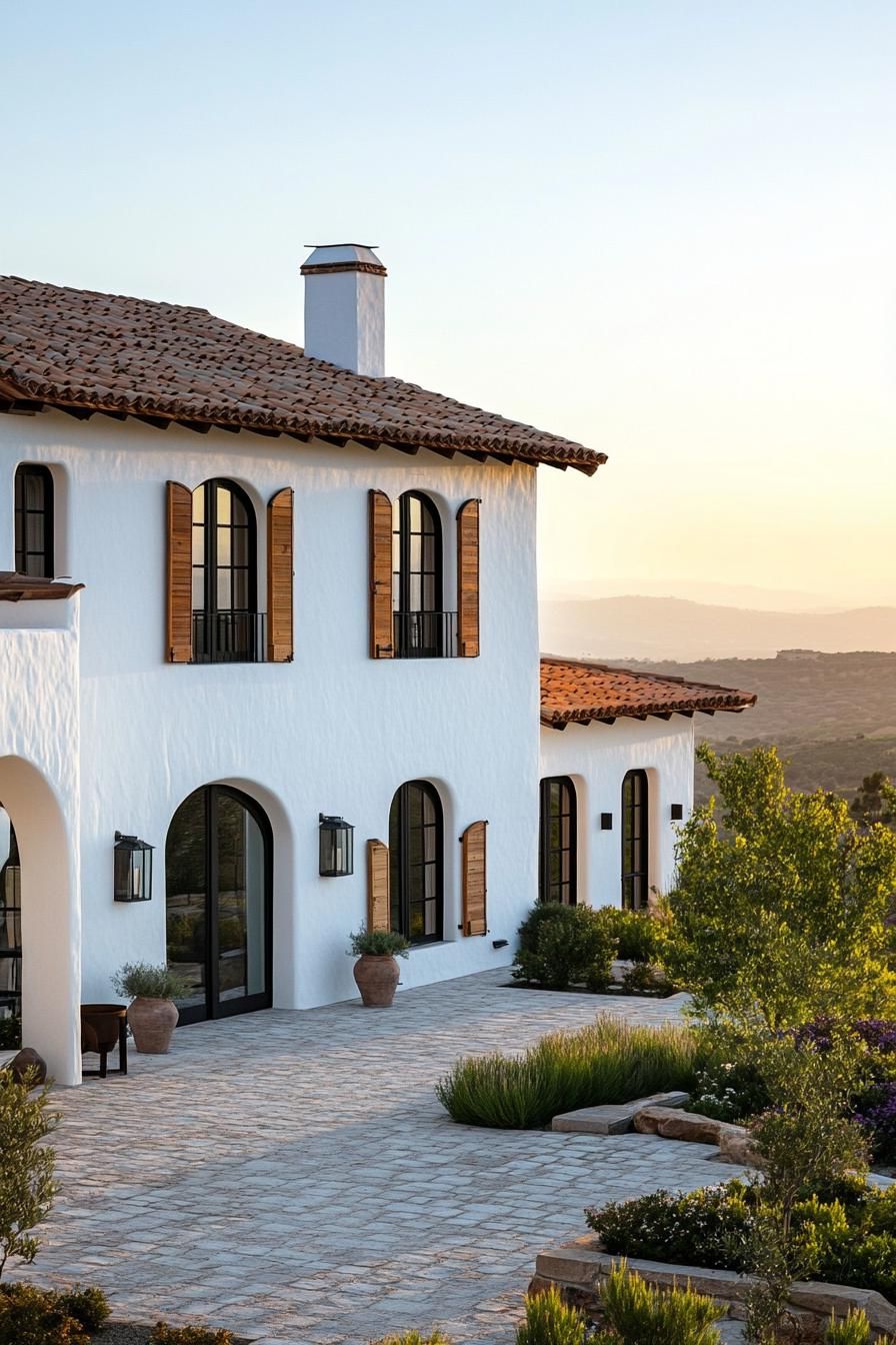 Stylish Spanish villa with white stucco walls and arched windows