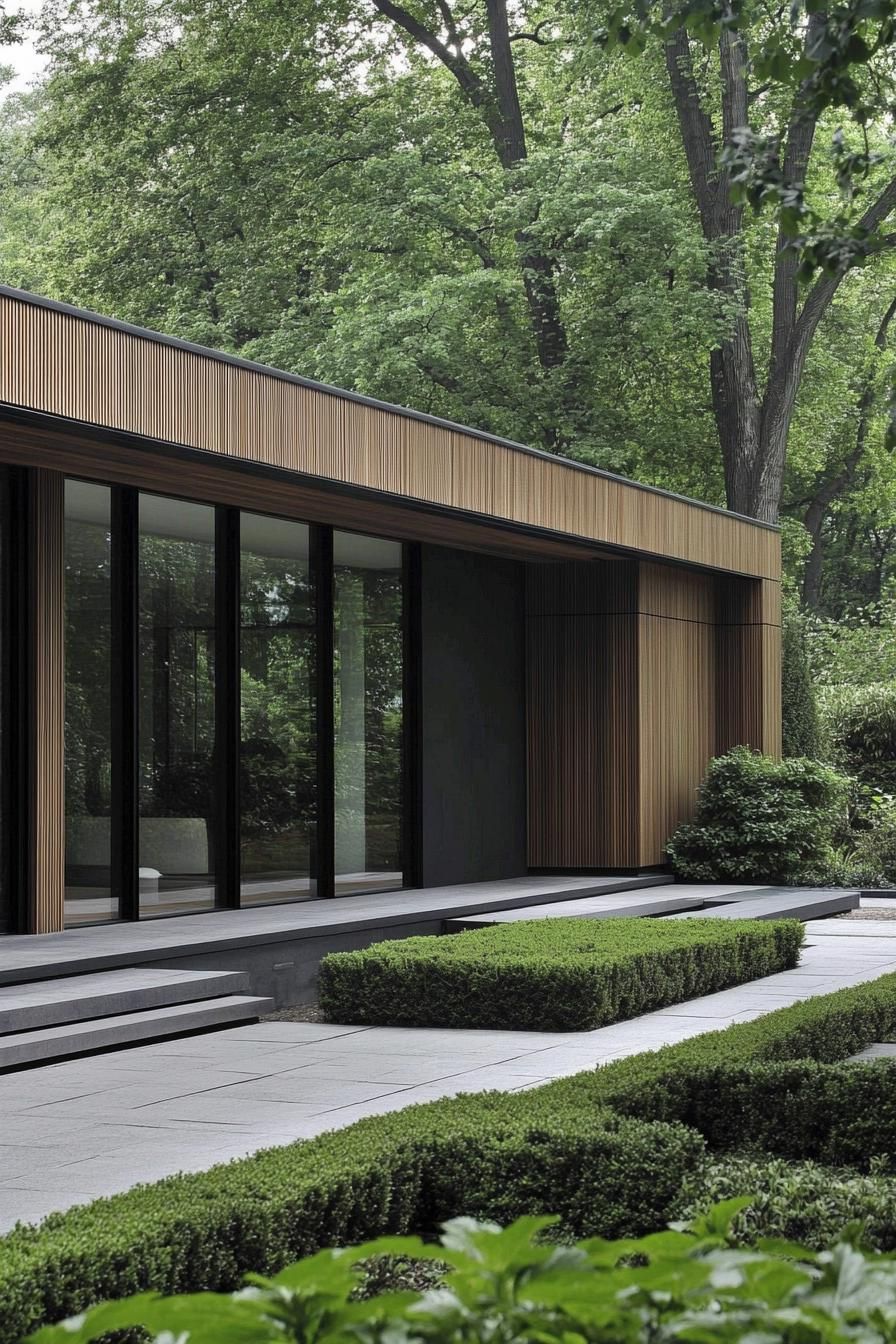 Modern facade with vertical wood cladding and large glass windows