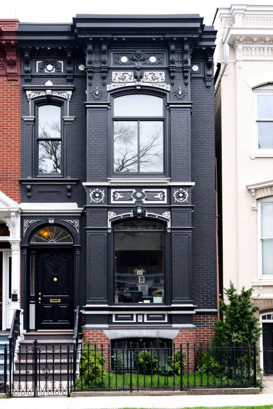 Charming black brick townhouse with ornate details