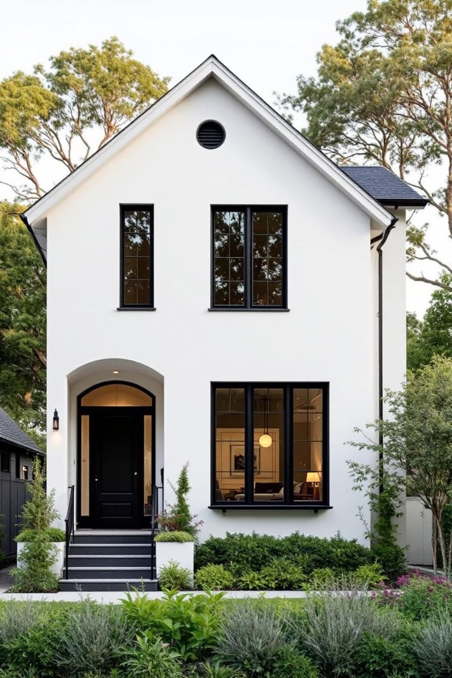 Sleek white house with black trim and lush garden