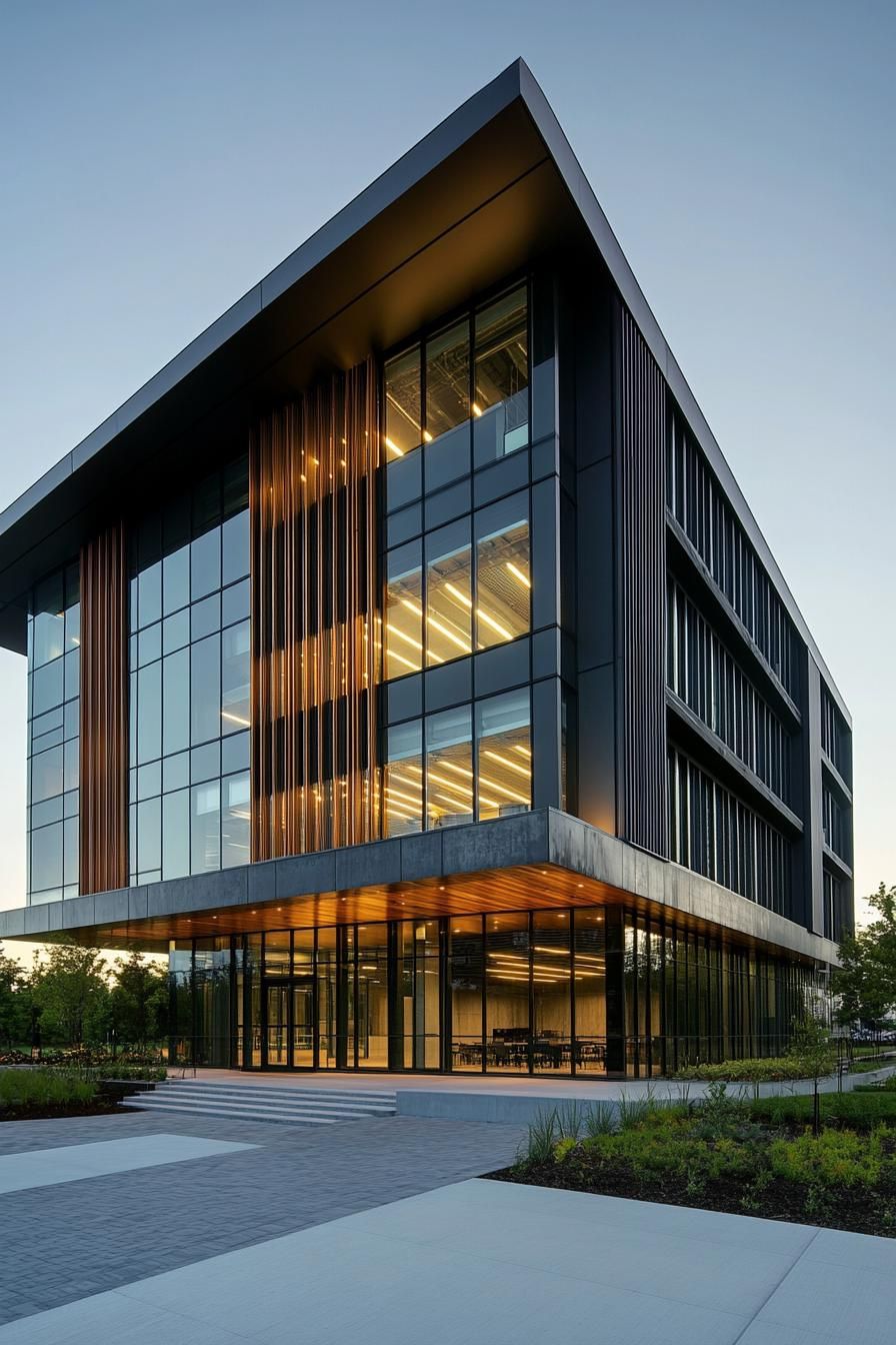 Modern glass building with glowing interior lights