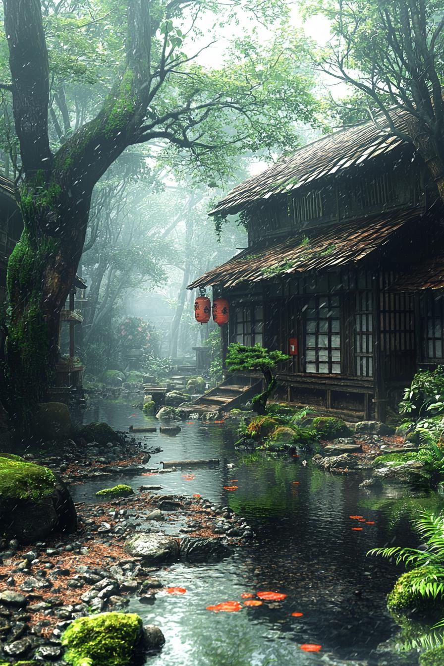 Japanese-style house by a misty pond with lanterns