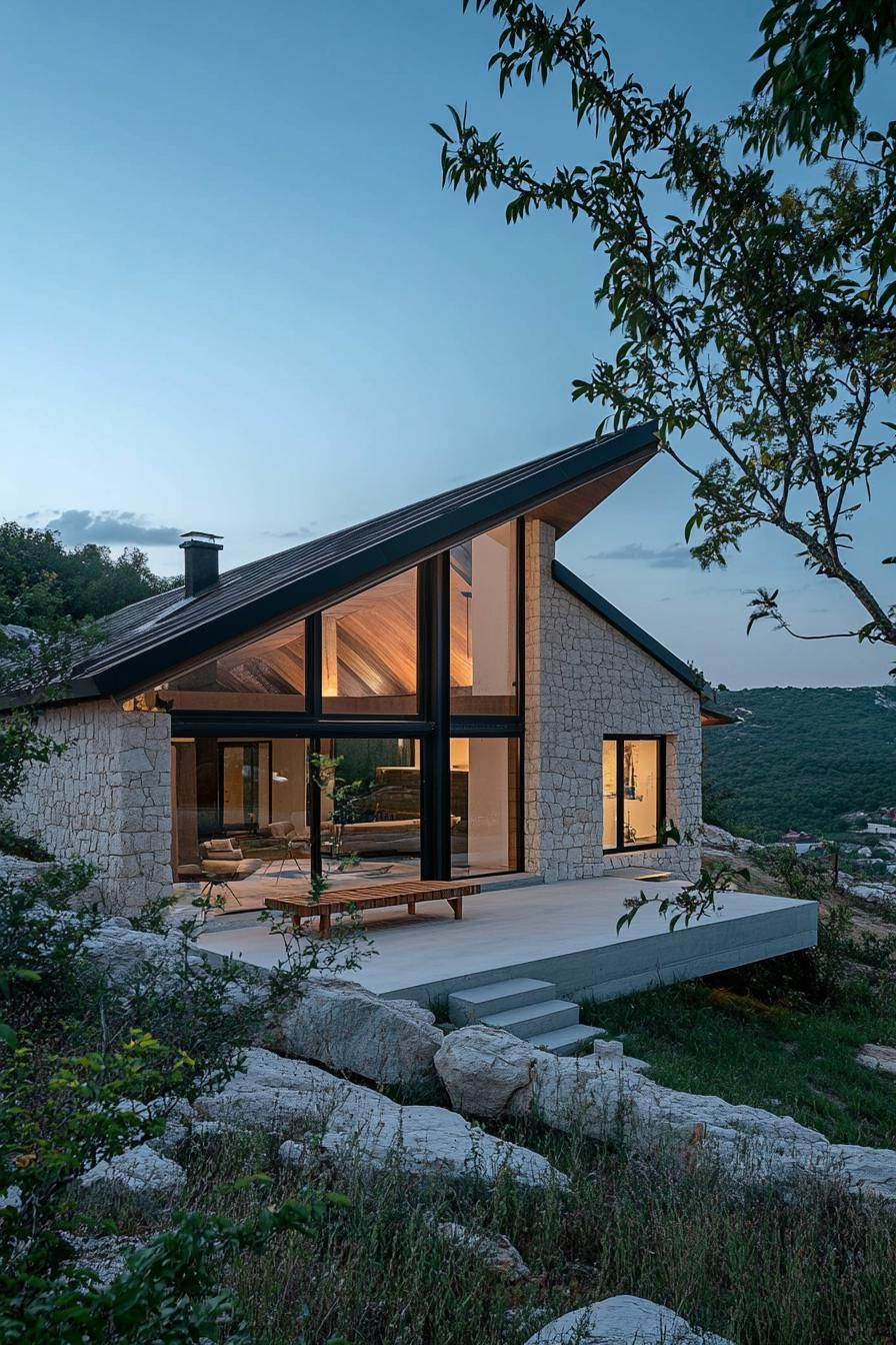 modern single story mountain village house with large porch stone facade modern windows gabled roof scenic village view down the hill 1