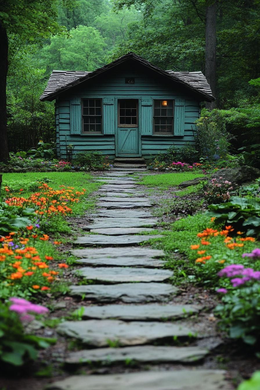 Quaint cottage surrounded by lush greenery and vibrant flowers