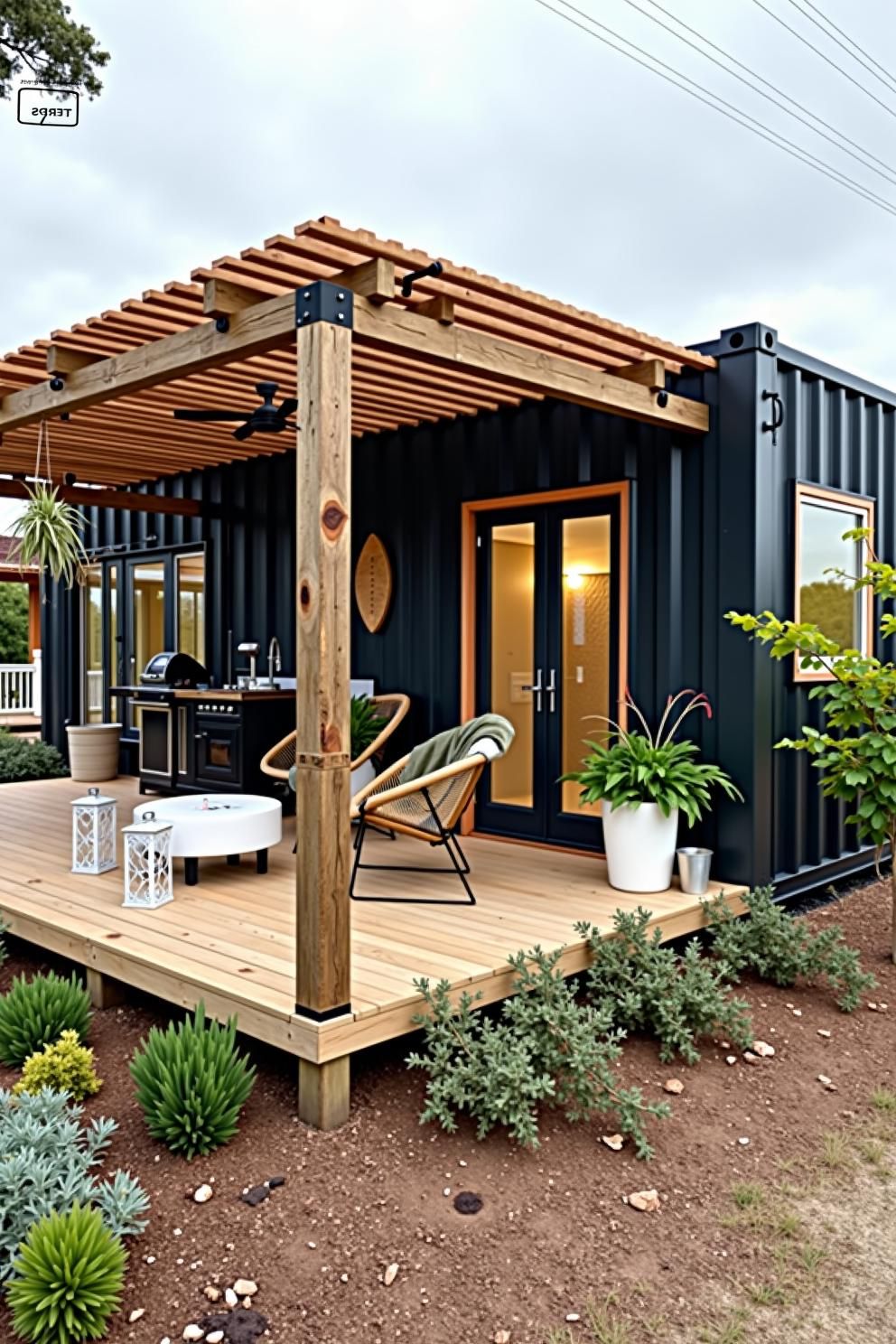 Stylish container house with a wooden deck and pergola