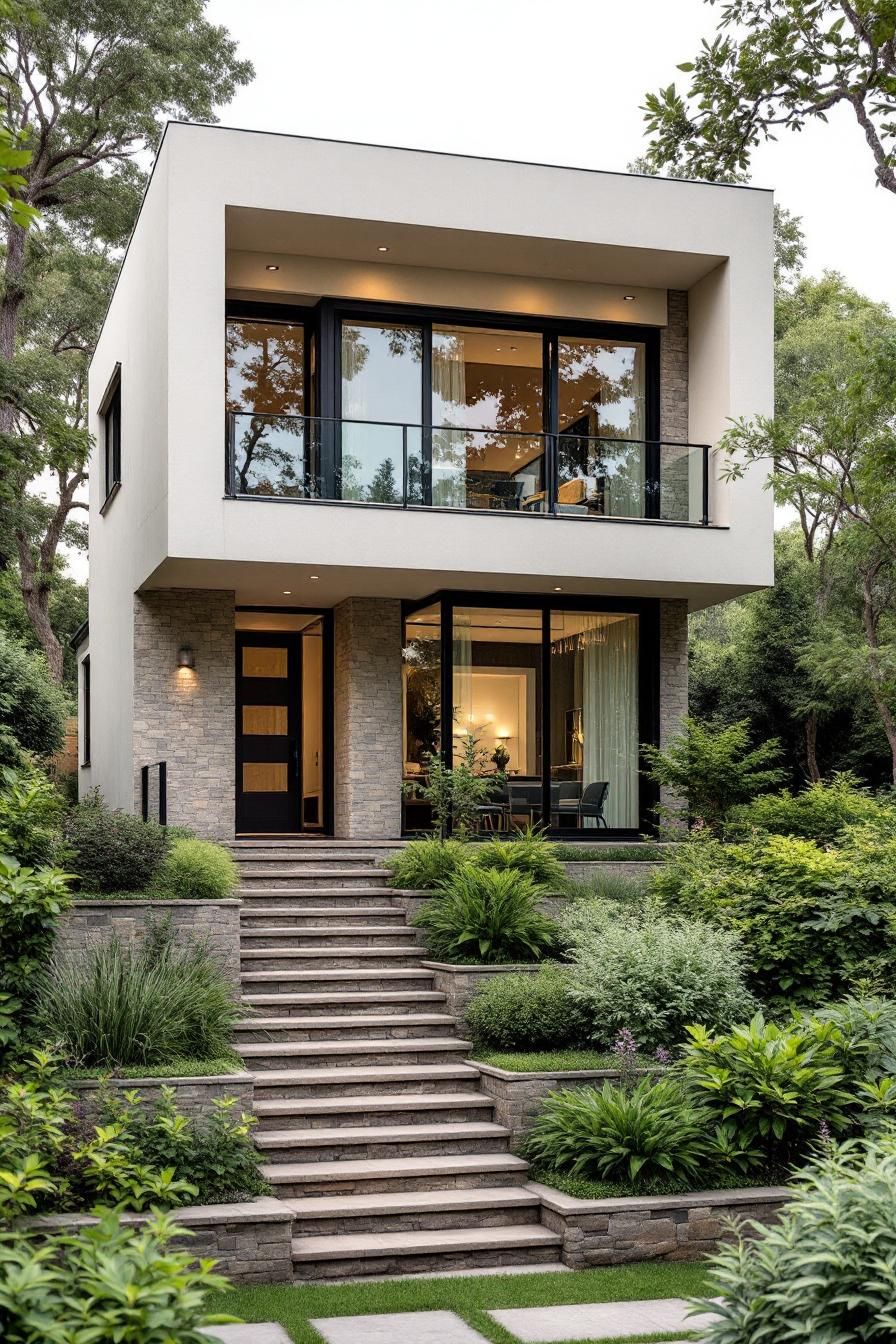 Modern two-story house with large windows and lush garden