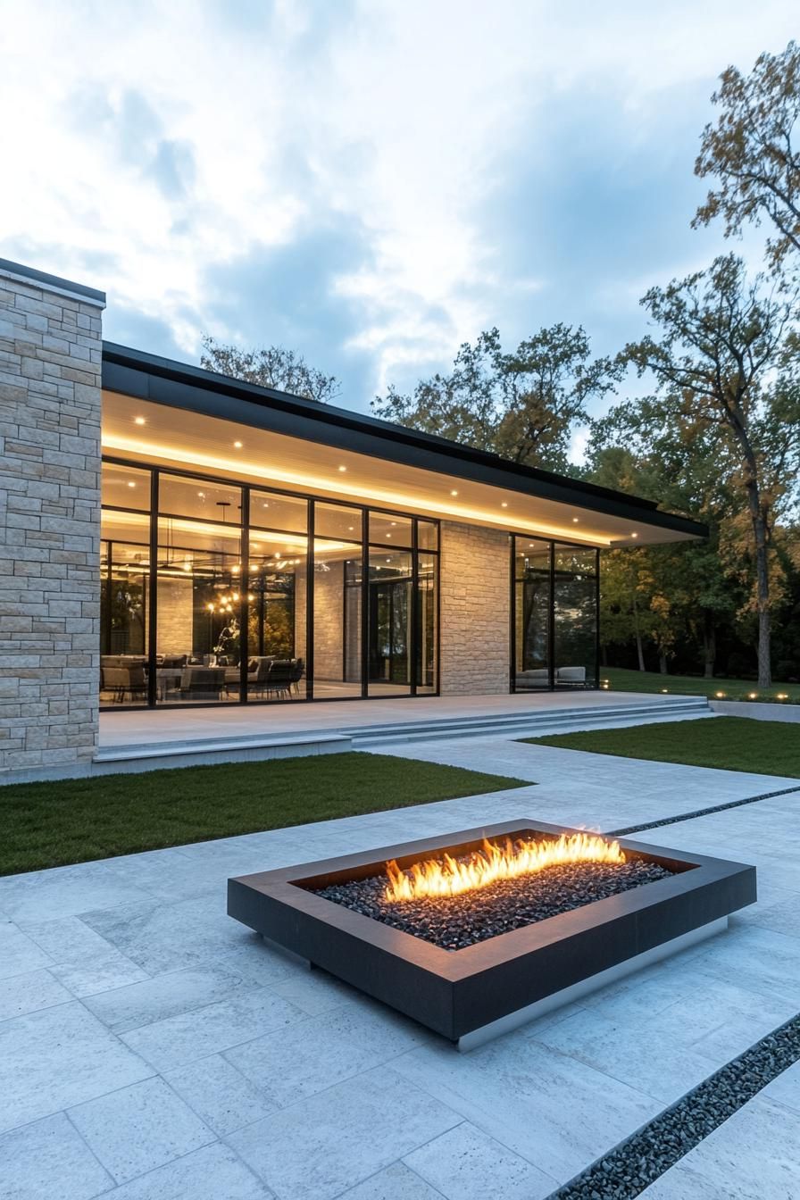 Modern house with large glass windows and outdoor fire pit