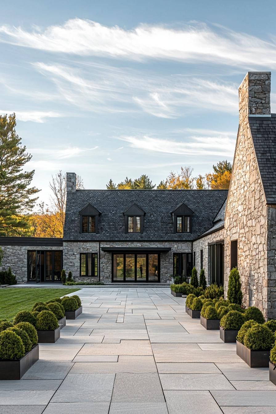 Luxurious stone house with manicured shrubs