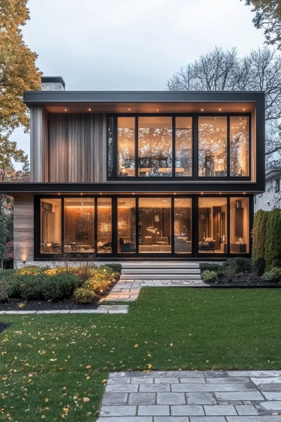 contemporary house geometric facade in all wood siding with pattern slatting large windows landscaping with geometric shrubs and lawn 2