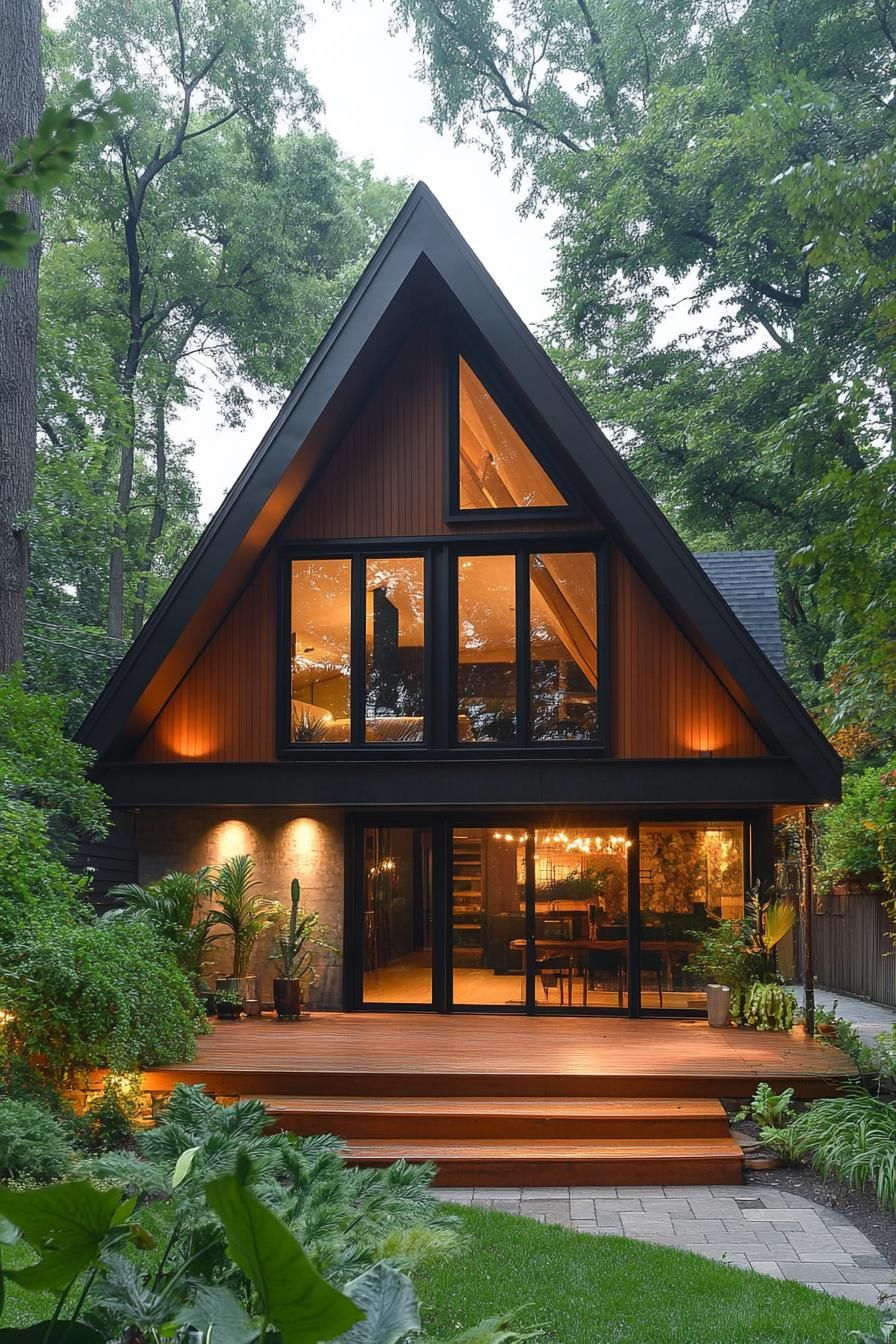 A-Frame house surrounded by lush greenery, glowing warmly