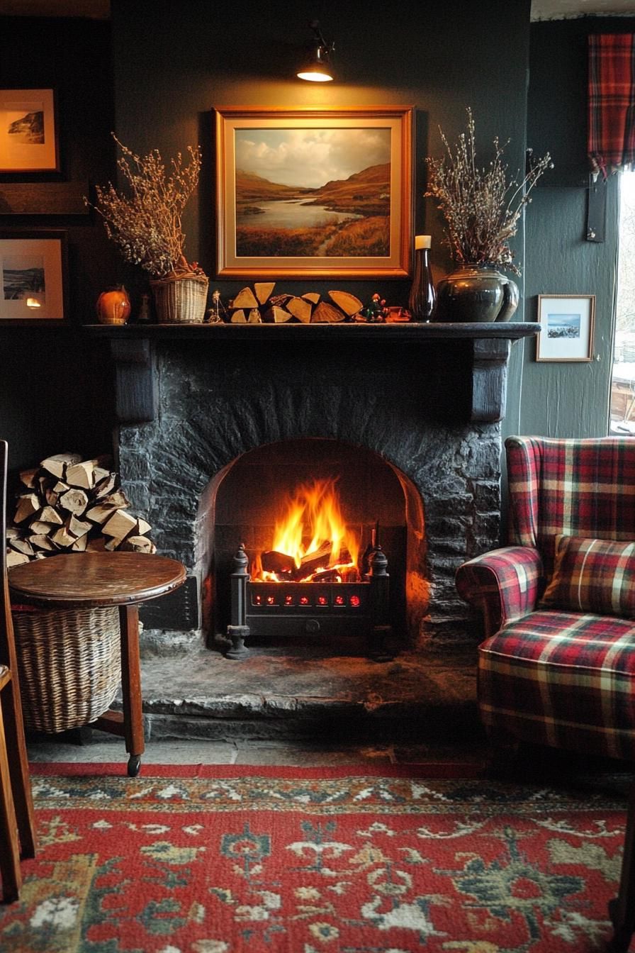 Fireplace with cozy decor and tartan chair