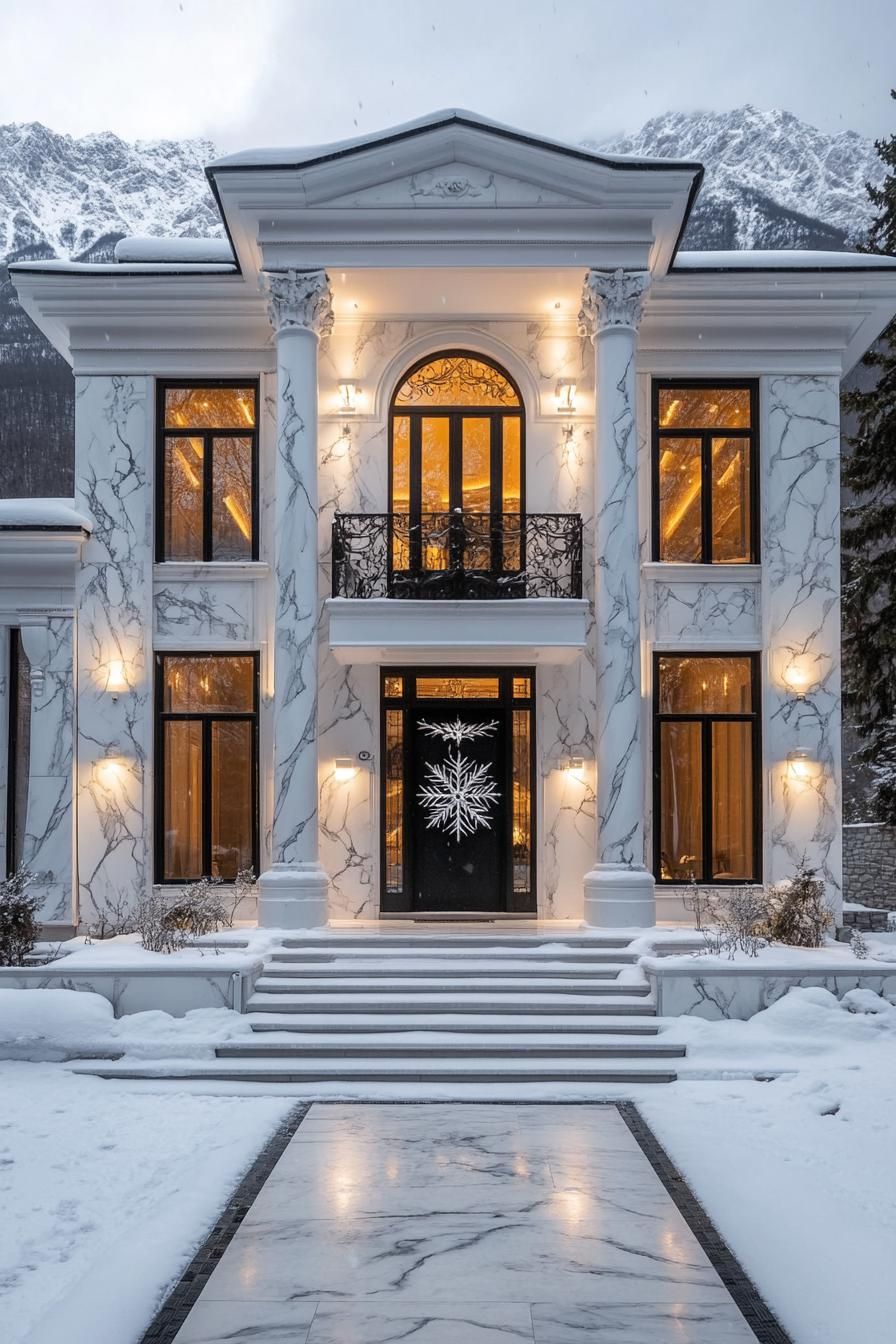 Luxurious house with marble facade in snowy landscape