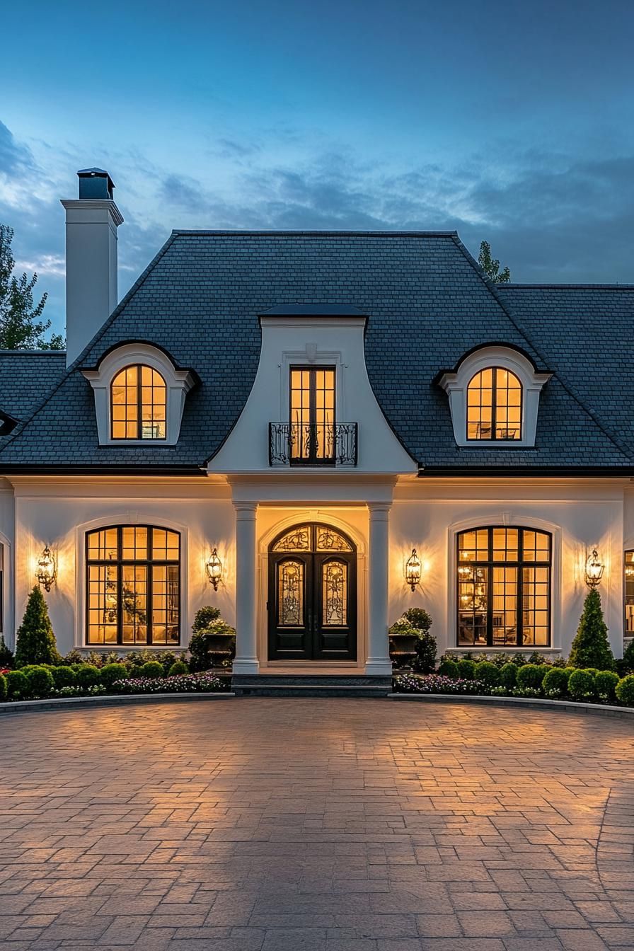 Elegant house with dormer windows and a glowing entrance