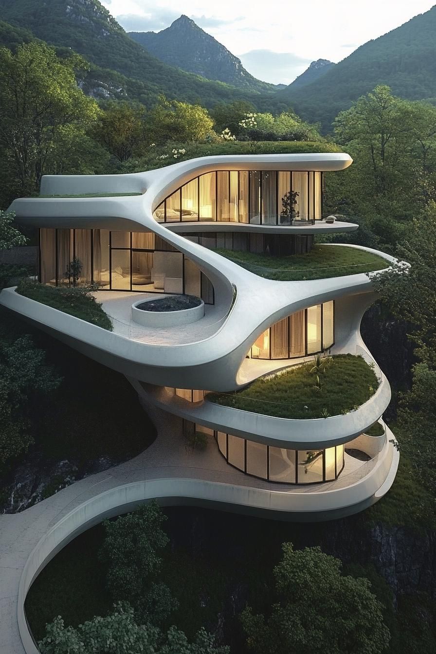 Curvy, futuristic house with green terraces in a mountainous setting