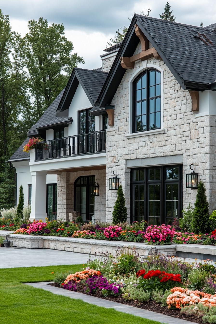 village house with stone and white stucco mixed facade large porch and balcony gabled multi pitch black shingle roof modern windows large paved 3