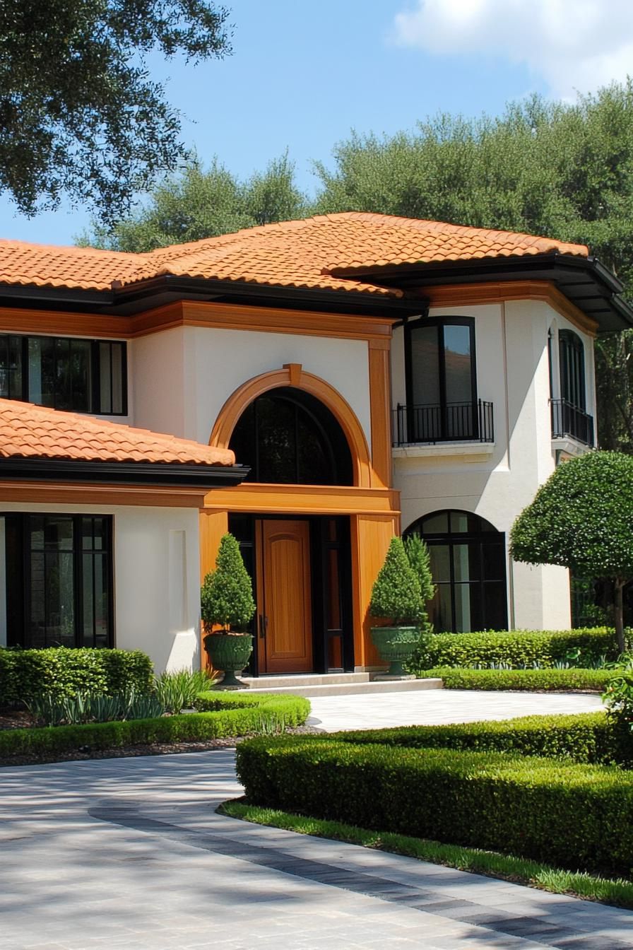 Contemporary Mediterranean house with a terracotta roof and lush greenery