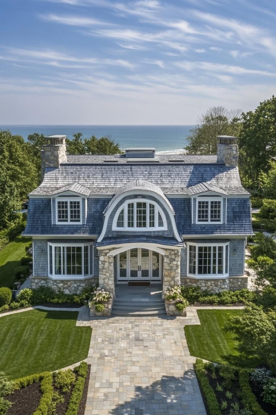 Grand house with stone facade overlooking the ocean