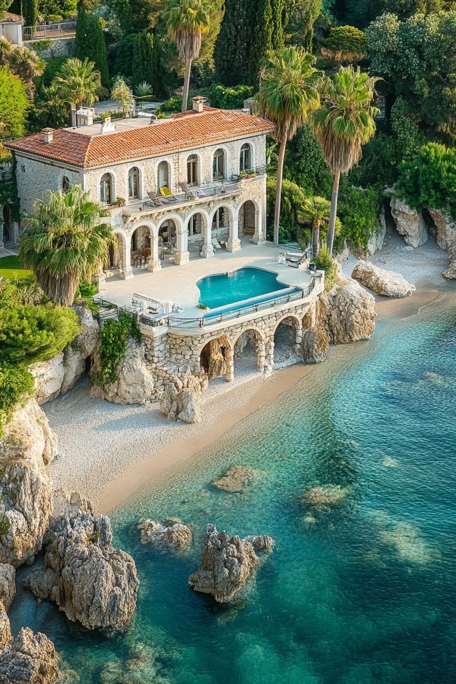 aerial view of italian villa estate with stone facade and arches terracotta roof the estate is beachfront with private beach there are cascading