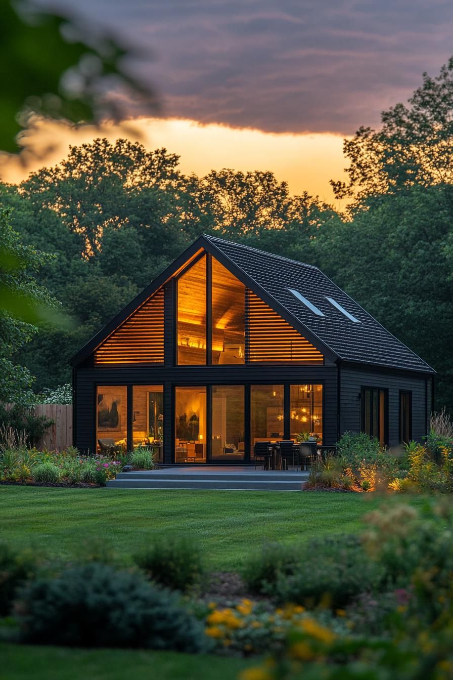 Modern barn house glowing warmly at sunset