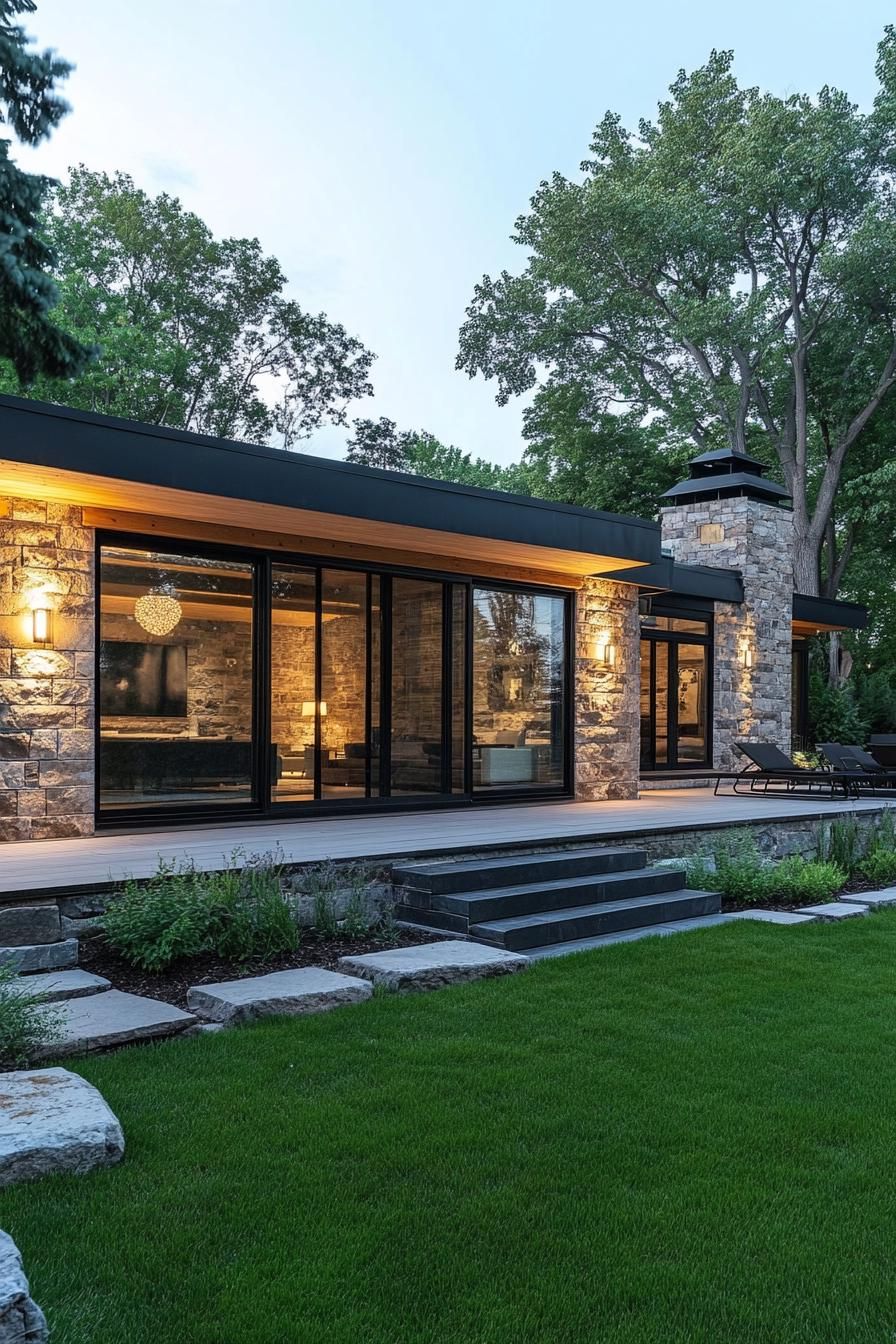 Modern bungalow with stone facade and large glass windows surrounded by trees