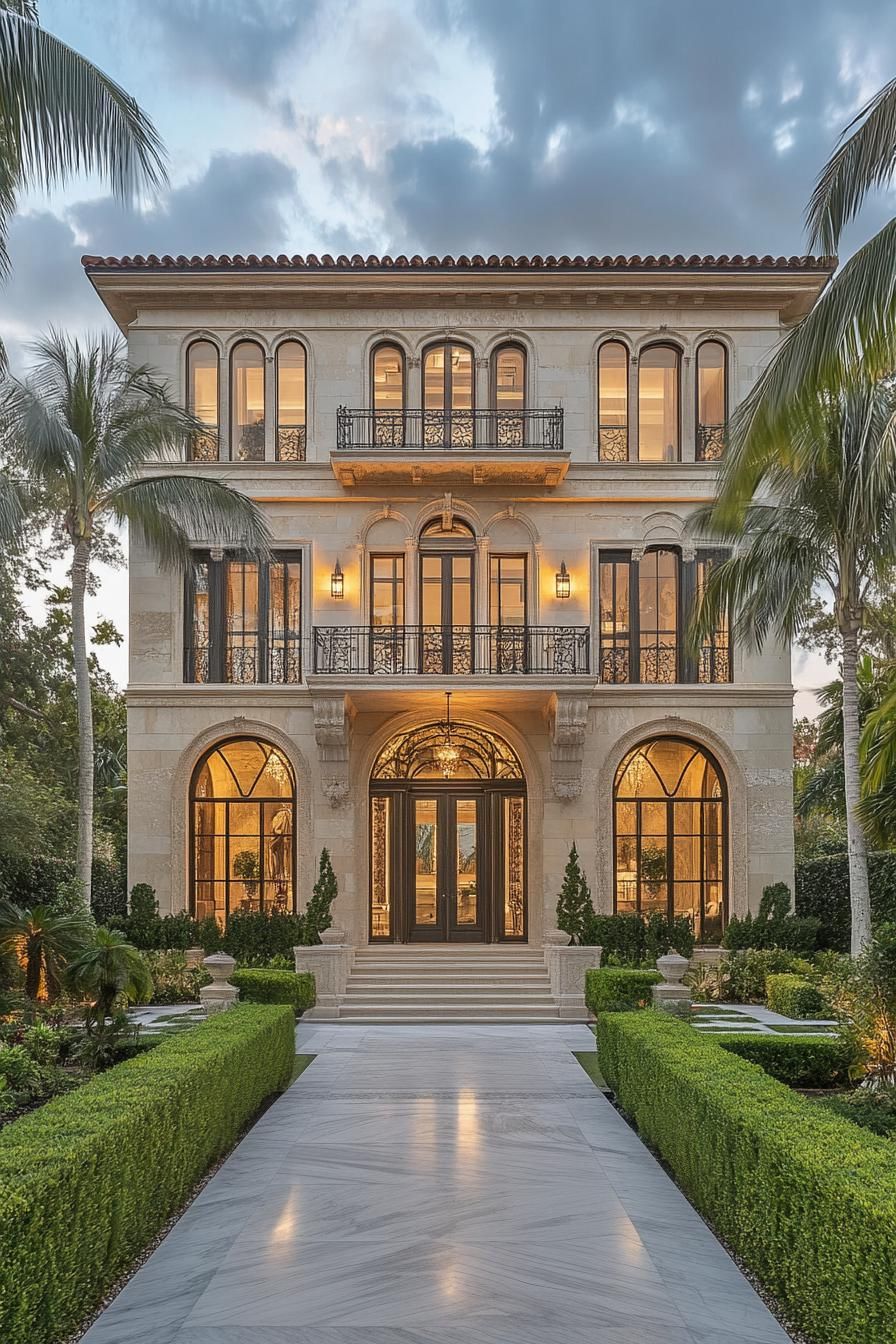 Luxurious mansions with palm trees and hedges