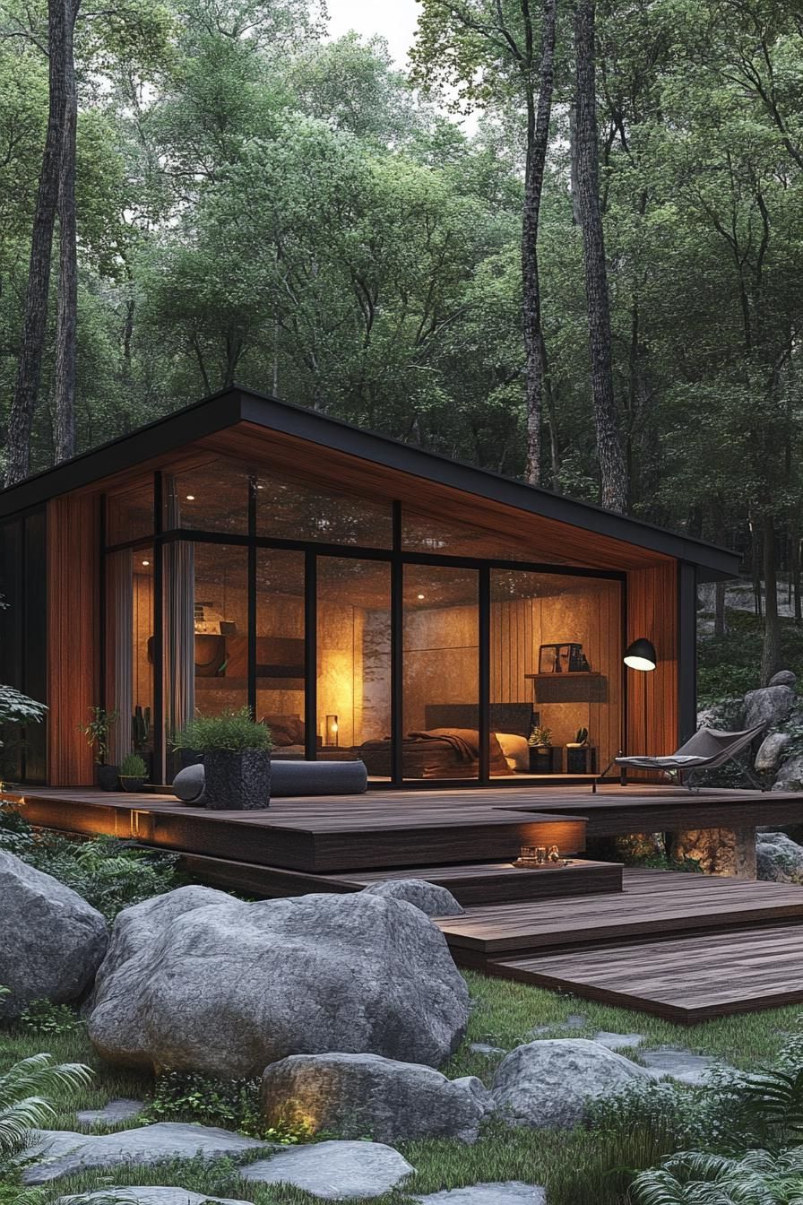 Luxurious wooden cabin with large glass windows amidst lush greenery