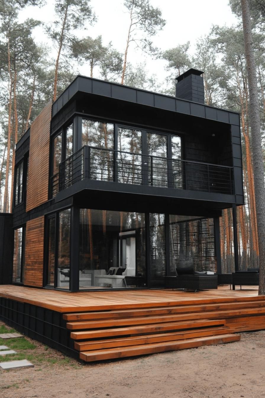 modern cube house with charred wood cladding large deck forest background 1