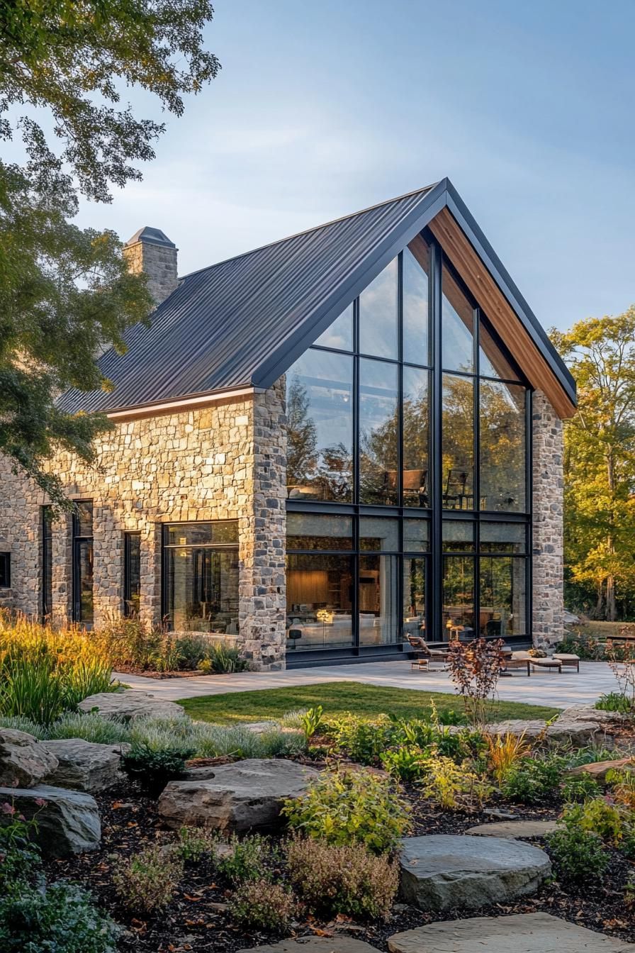 A stunning stone barn with large glass windows nestled in a lush landscape